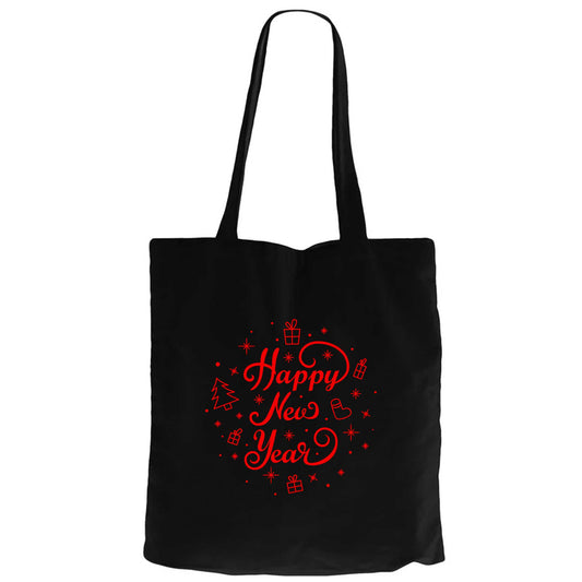 Happy New Year Red Siyah Fermuarlı Bez Çanta Gabardin