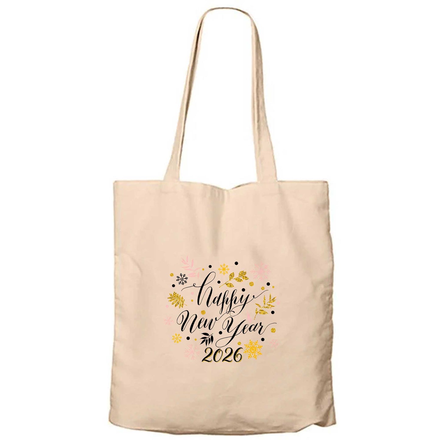 Happy New Year Text Krem Fermuarlı Bez Çanta Gabardin