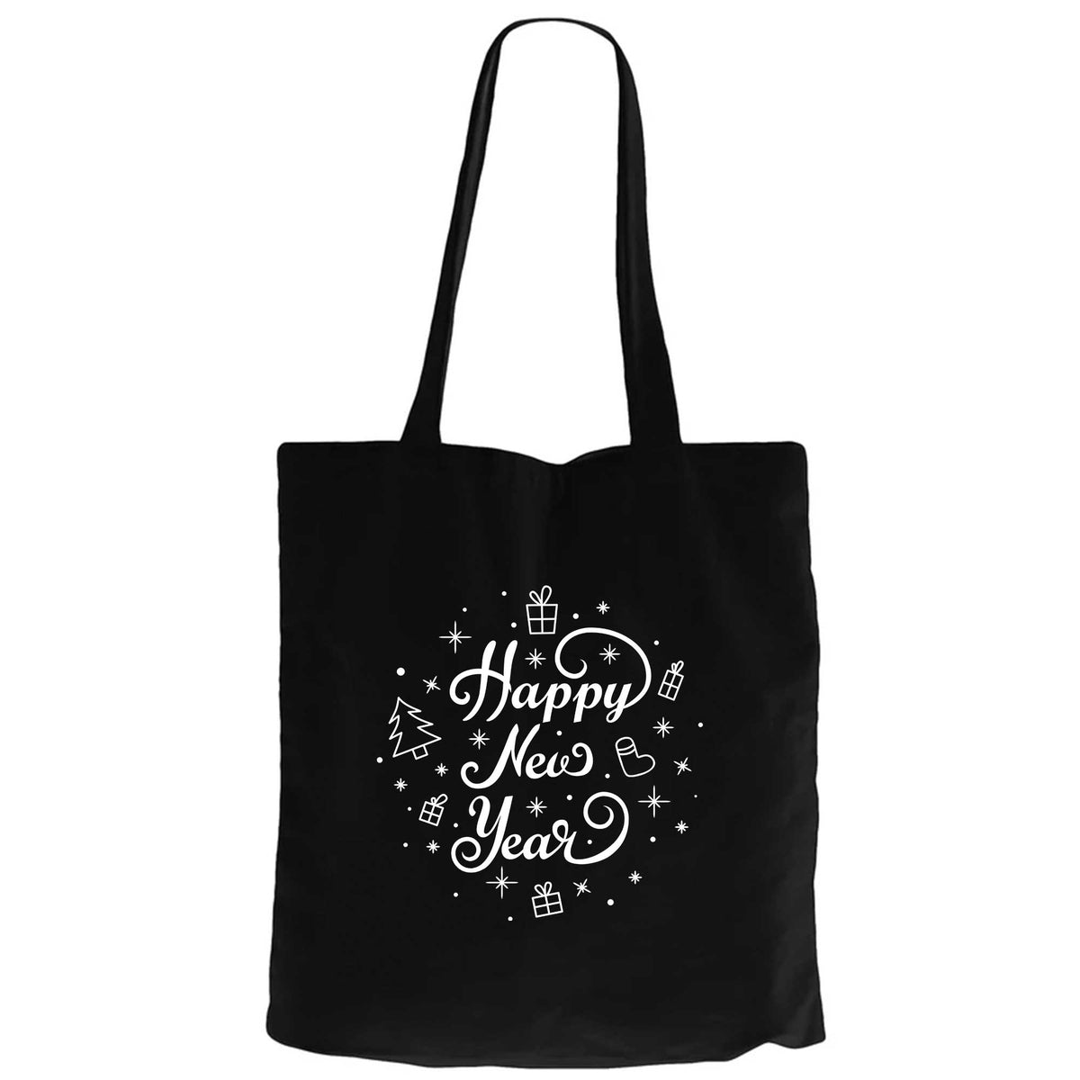 Happy New Year White Siyah Fermuarlı Bez Çanta Gabardin