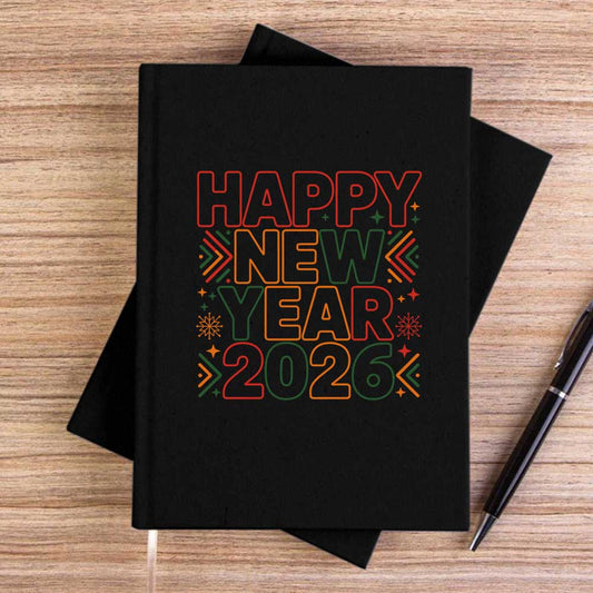2026 Text Happy New Year Siyah Çizgisiz Kanvas Defter