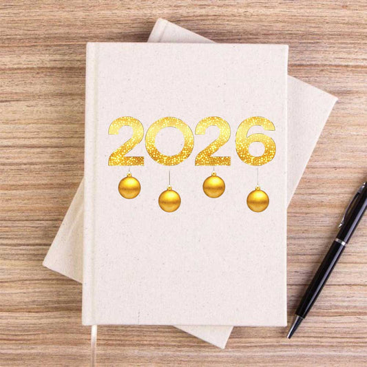 Happy New Year 2026 Gold Krem Çizgisiz Kanvas Defter