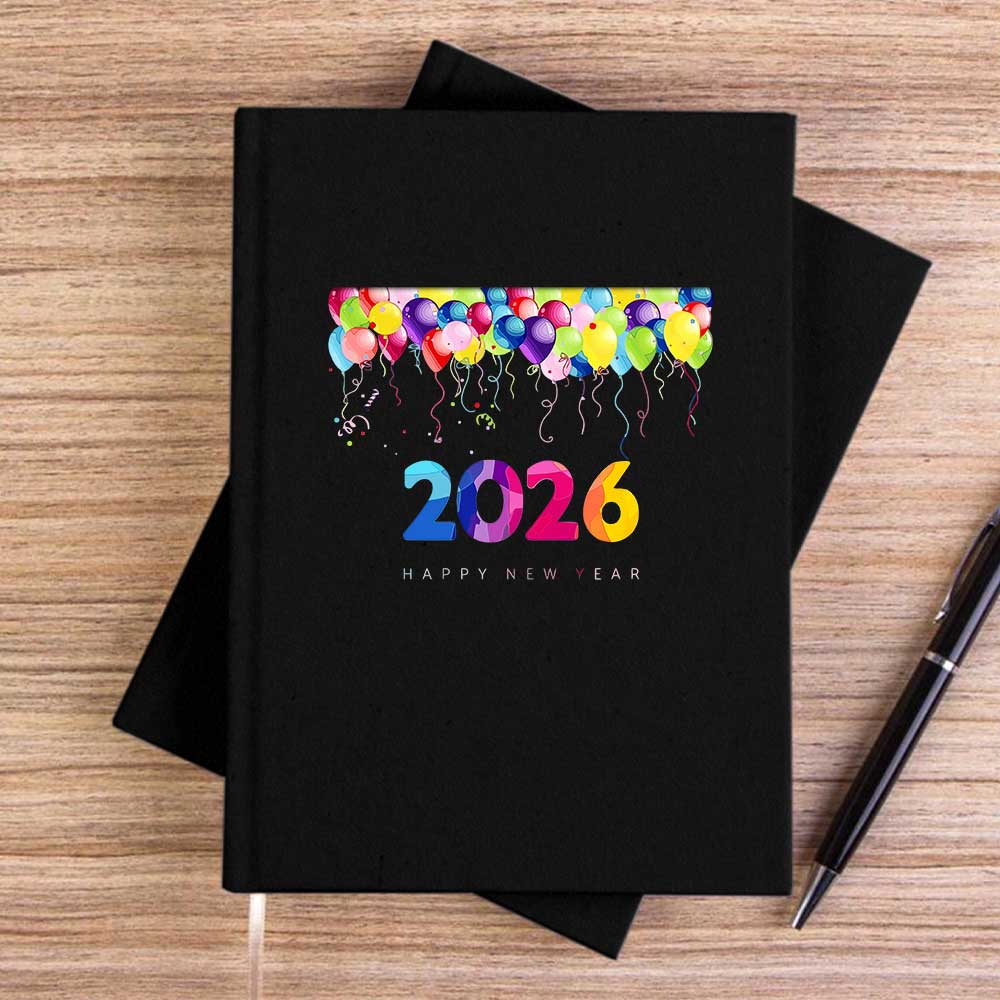 Happy New Year Balonlar Siyah Çizgisiz Kanvas Defter