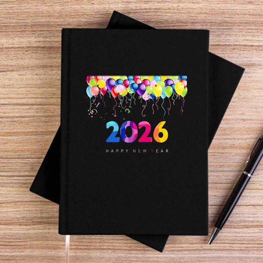 Happy New Year Balonlar Siyah Çizgisiz Kanvas Defter