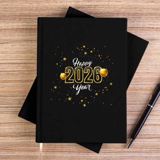 Happy New Year Gold Siyah Çizgisiz Kanvas Defter