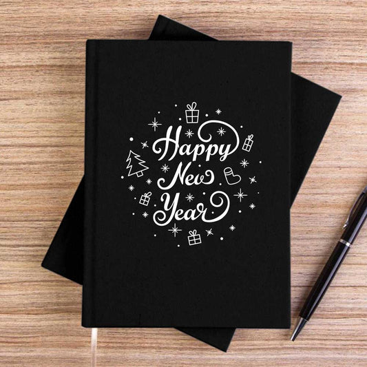 Happy New Year White Siyah Çizgisiz Kanvas Defter