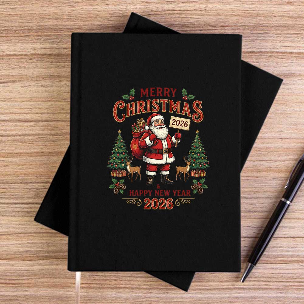New Year 2026 Noel Baba Siyah Çizgisiz Kanvas Defter