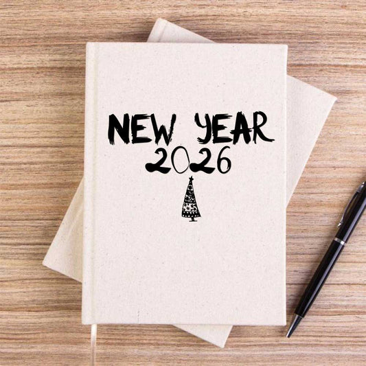 New Year 2026 Yılbaşı Ağaçı Krem Çizgisiz Kanvas Defter