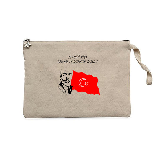 12 Mart 1921 İstiklal Marşın Kabulü Krem Clutch Astarlı Cüzdan / El Çantası