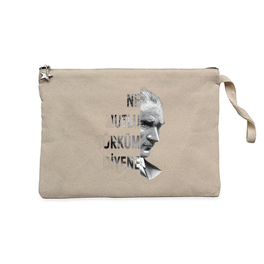Ne Mutlu Türküm Diyene Atatürk Silüeti Krem Clutch Astarlı Cüzdan / El Çantası
