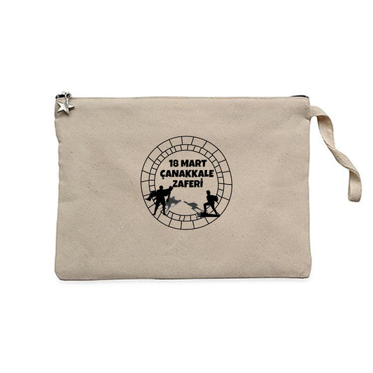 18 Mart Kahramanlık Çemberi Krem Clutch Astarlı Cüzdan / El Çantası