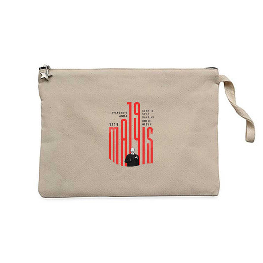 19 Mayıs Tipografik Dikey Krem Clutch Astarlı Cüzdan / El Çantası