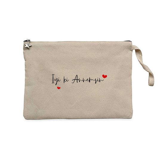 İyi ki Annemsin Krem Clutch Astarlı Cüzdan / El Çantası
