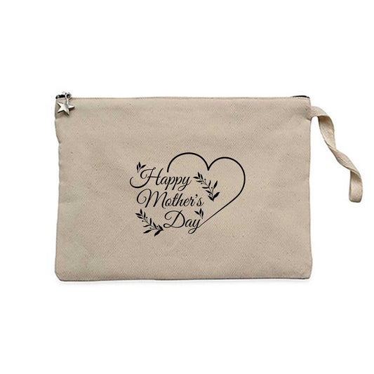 Happy Mother's Day Çizgisel Krem Clutch Astarlı Cüzdan / El Çantası