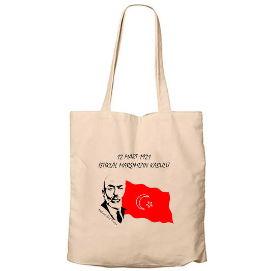12 Mart 1921 İstiklal Marşın Kabulü Krem Fermuarlı Bez Çanta Gabardin