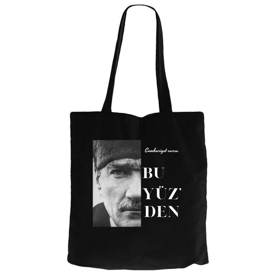 Atatürk Bu Yüz'Den Siyah Fermuarlı Bez Çanta Gabardin
