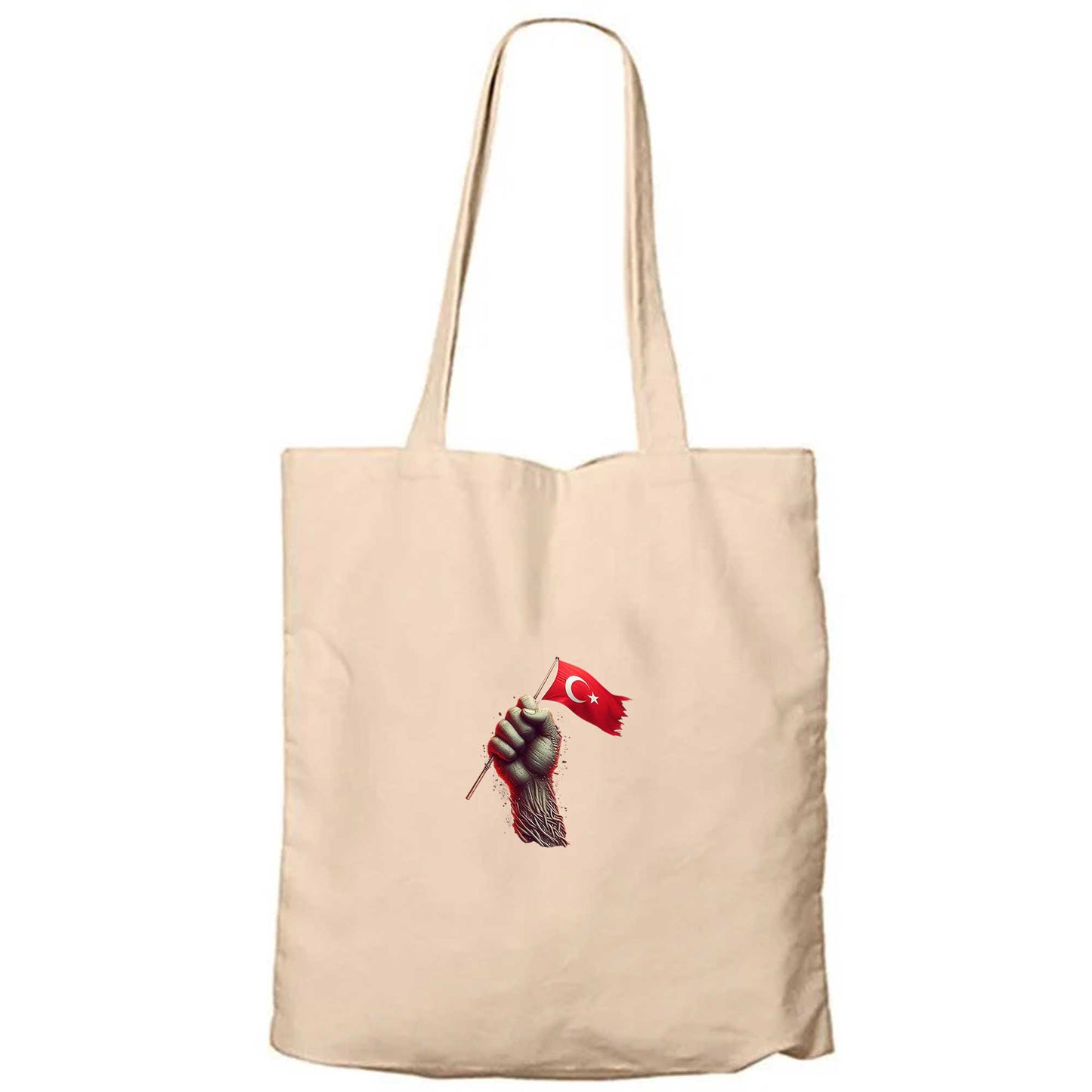 18 Mart Bayrağı Tutan İrade Krem Fermuarlı Bez Çanta Gabardin