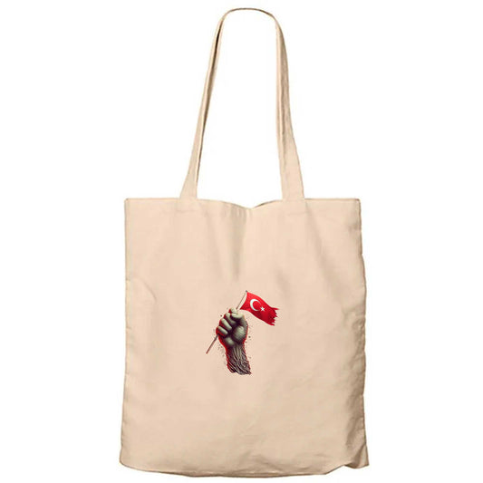 18 Mart Bayrağı Tutan İrade Krem Fermuarlı Bez Çanta Gabardin