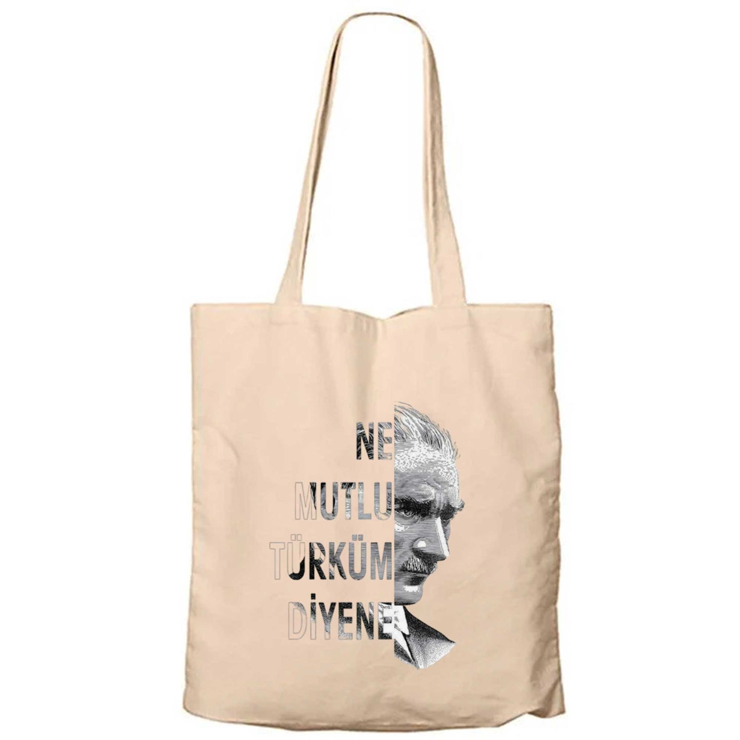 Ne Mutlu Türküm Diyene Atatürk Silüeti Krem Fermuarlı Bez Çanta Gabardin
