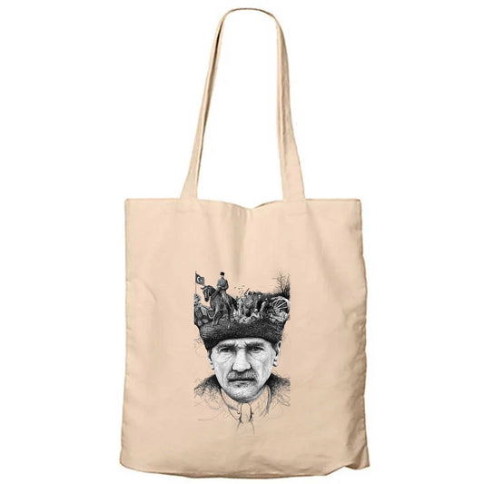 18 Mart Atatürk portresi Krem Fermuarlı Bez Çanta Gabardin