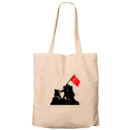 18 Mart Bayrak ve Destan Krem Fermuarlı Bez Çanta Gabardin