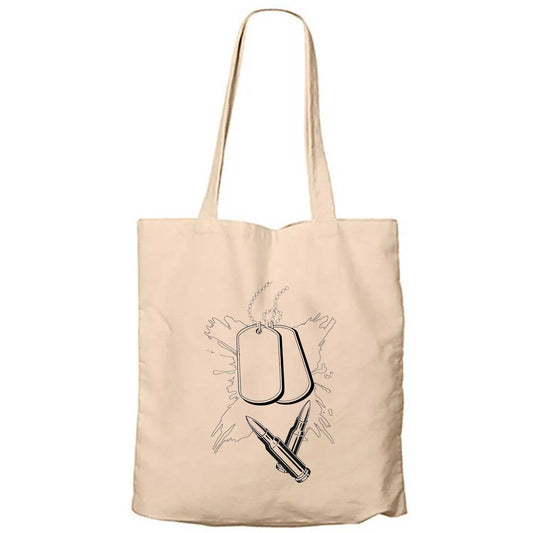 18 Mart Asker Künyesi ve Kurşun Krem Fermuarlı Bez Çanta Gabardin