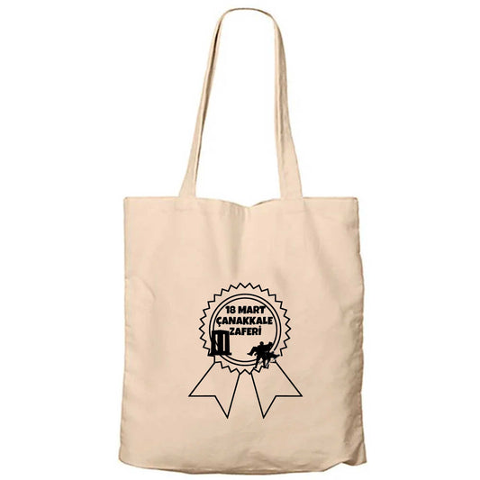 18 Mart Şanlı Zafer Rozeti Krem Fermuarlı Bez Çanta Gabardin