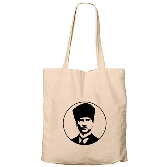 Atatürk Portre Logo Krem Fermuarlı Bez Çanta Gabardin