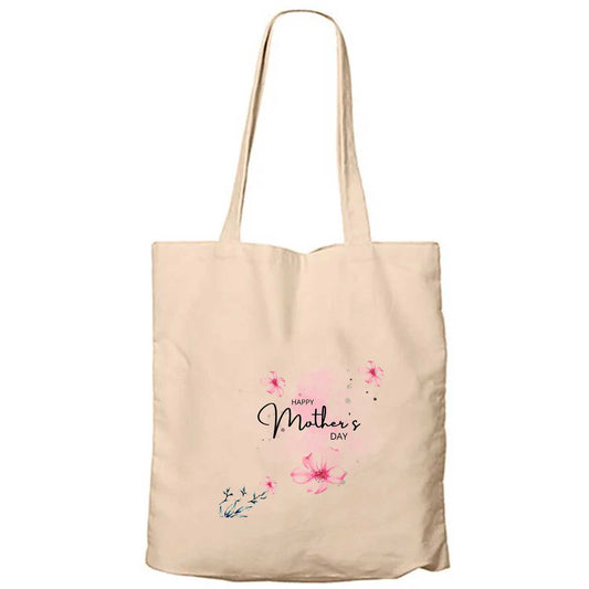 Happy Mother's Day Sanatsal Krem Fermuarlı Bez Çanta Gabardin
