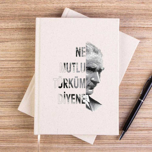 Ne Mutlu Türküm Diyene Atatürk Silüeti Krem Çizgisiz Kanvas Defter