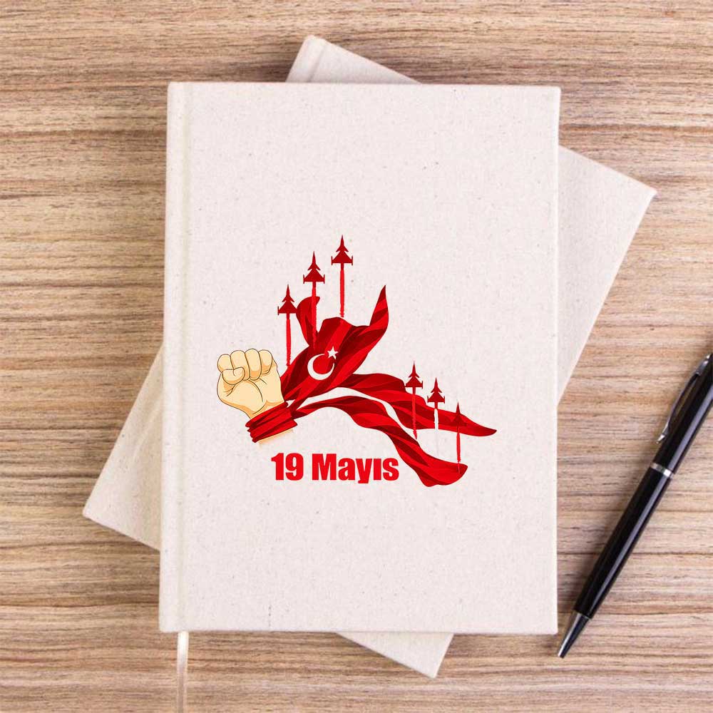 19 Mayıs Jet Türk Bayrağı KremÇizgisiz Kanvas Defter