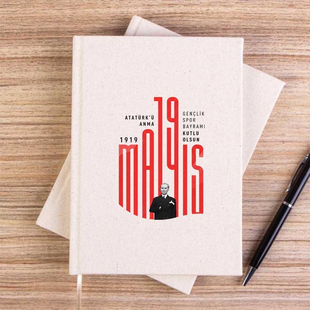 19 Mayıs Tipografik Dikey KremÇizgisiz Kanvas Defter