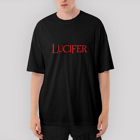 Lucifer Red Text Oversize Siyah Tişört