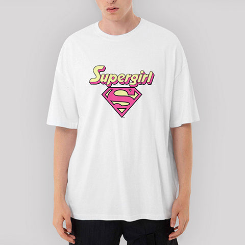 Super Girl Pink Logo Oversize Beyaz Tişört