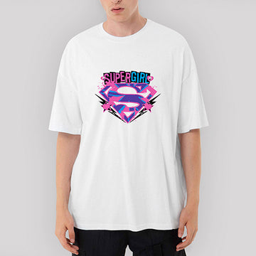 Super Girl Splash Logo Oversize Beyaz Tişört