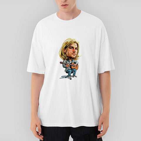 Kurt Cobain Cartoon Oversize Beyaz Tişört