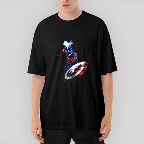 Captain America Mjolnir and Shield Oversize Siyah Tişört