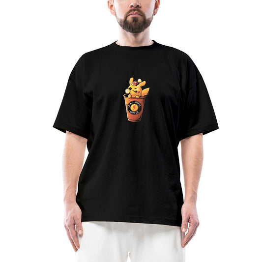 Pikachu Detective and Coffe Oversize Siyah Tişört