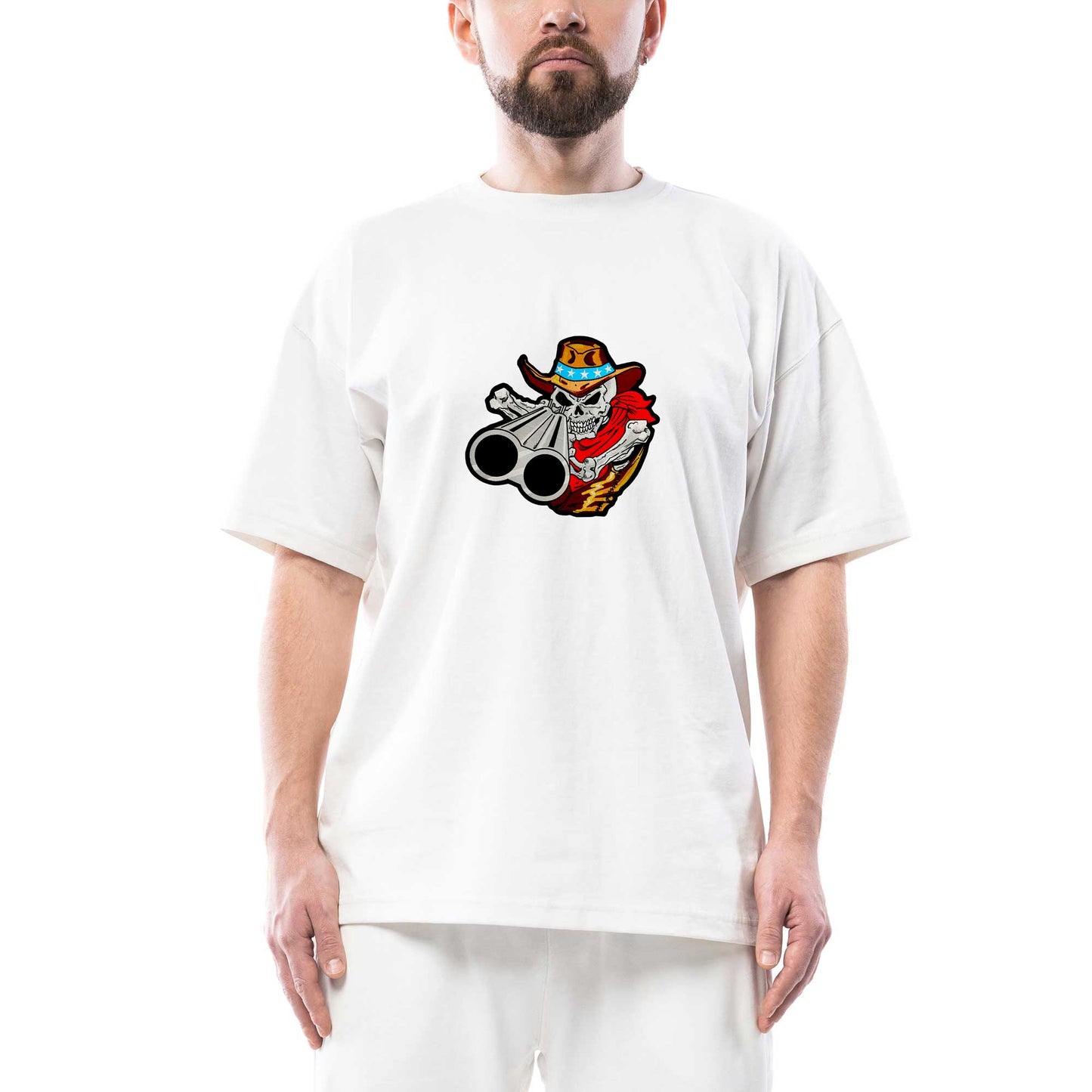 İskelet Silahlı Oversize Beyaz Tişört