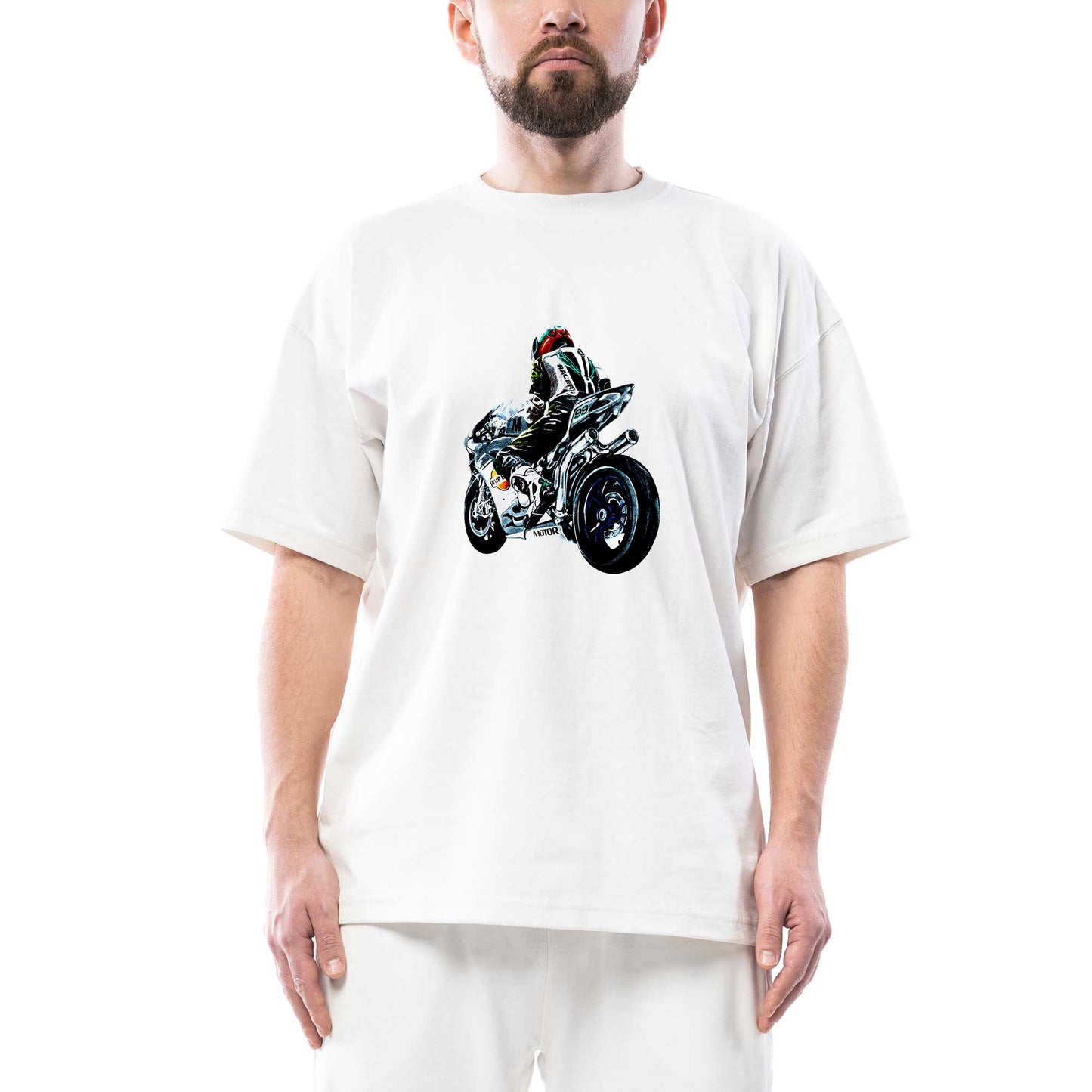 Motorcycle Drawing Oversize Beyaz Tişört