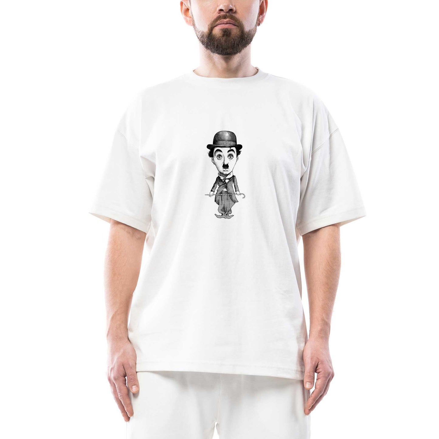 Charlie Chaplin Karikatür Oversize Beyaz Tişört