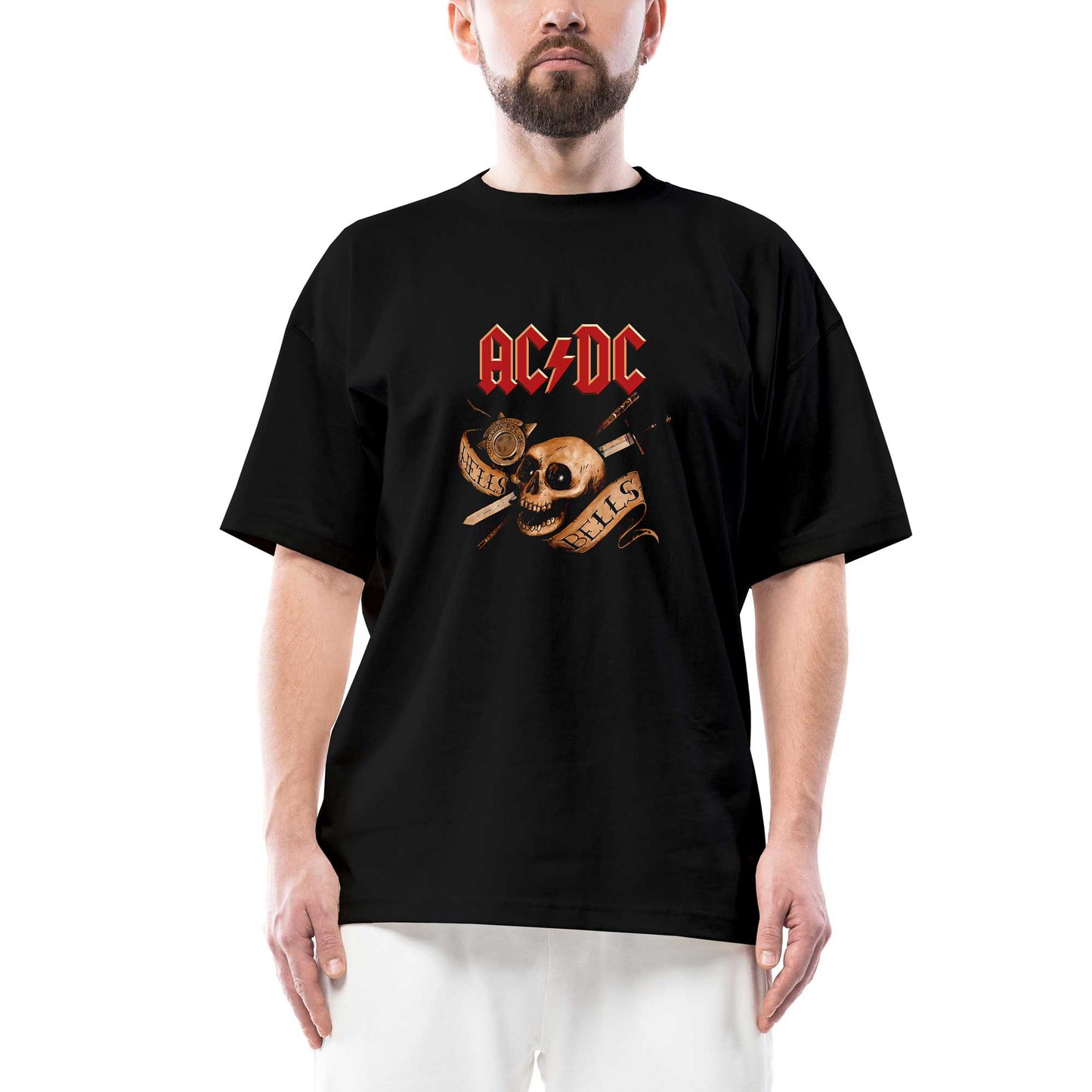 AC DC Hell Bells Skull Oversize Siyah Tişört