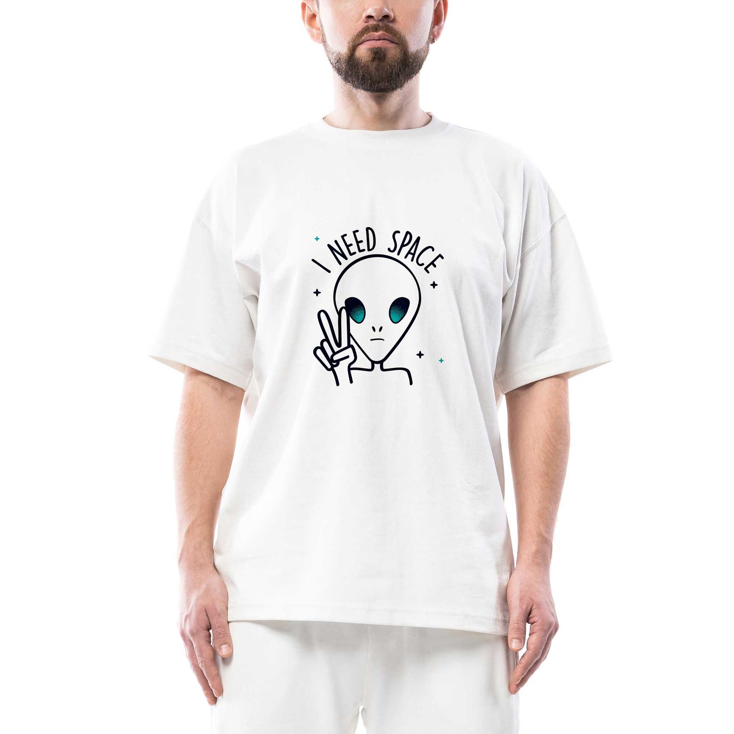 Alien I Need Space Oversize Beyaz Tişört