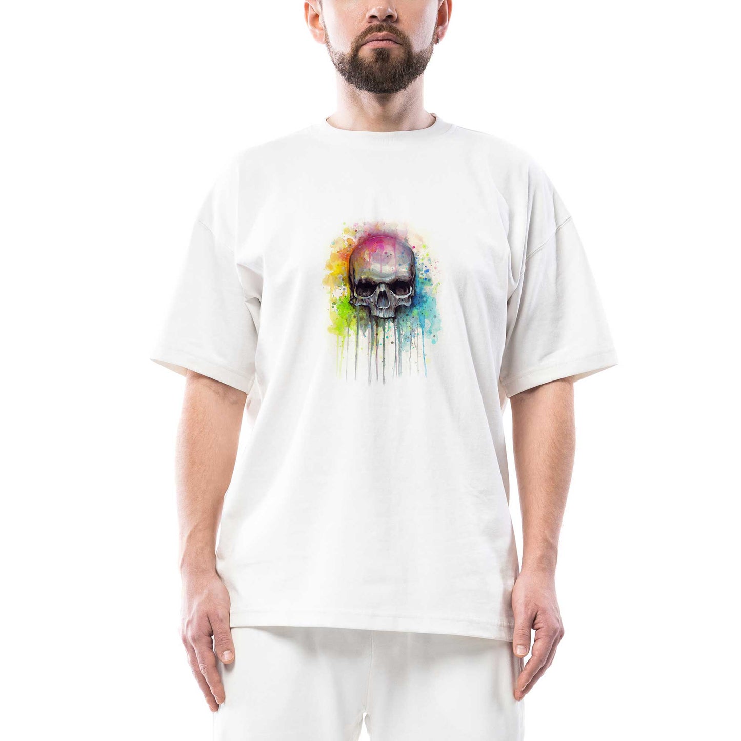 Skull Kuru Kafa Paint Oversize Beyaz Tişört