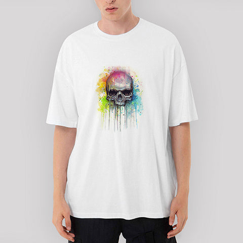 Skull Kuru Kafa Paint Oversize Beyaz Tişört