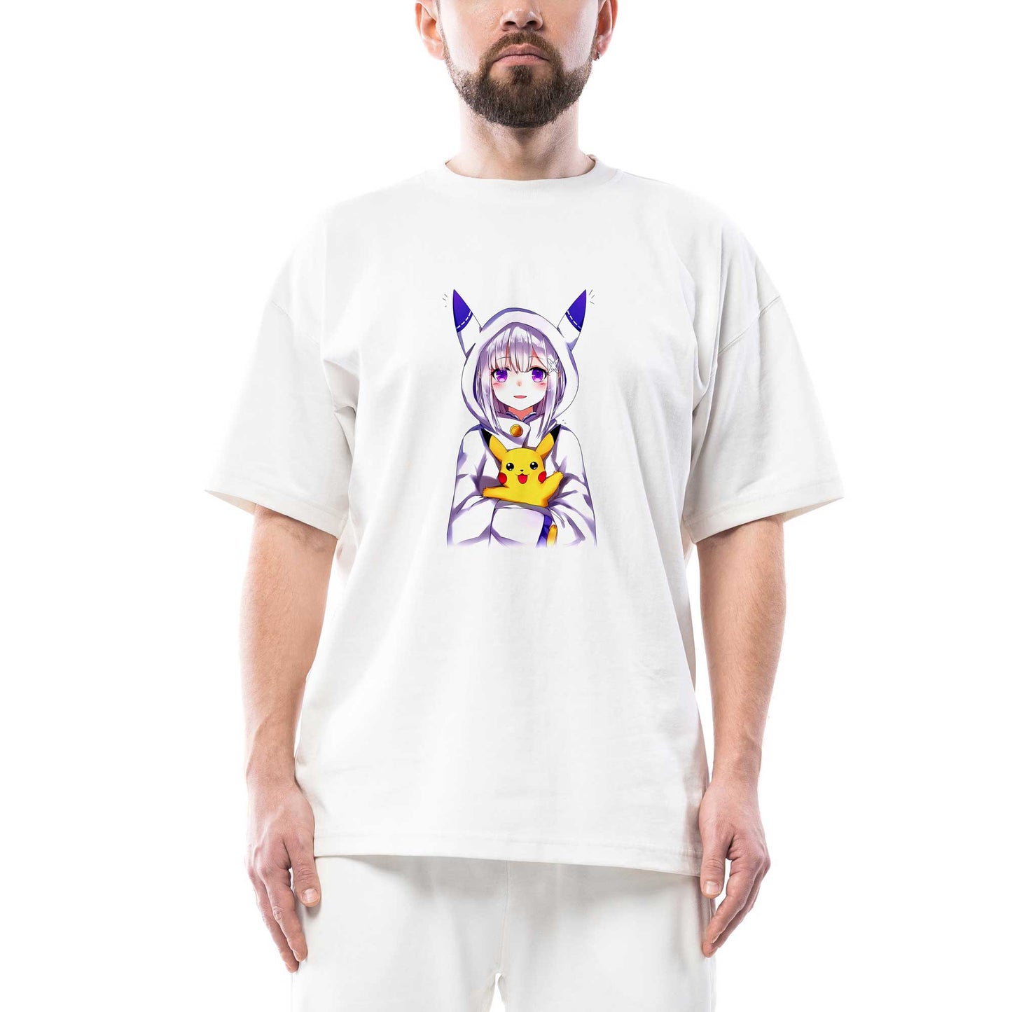 RE Zero Emilia and Pikachu Oversize Beyaz Tişört