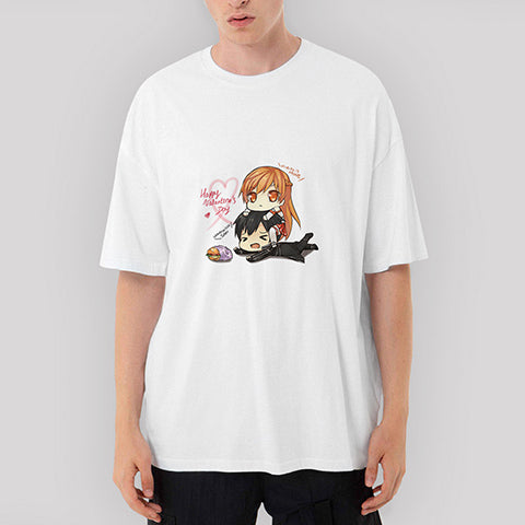 Sword Art Online Asuna and Kirito Oversize Beyaz Tişört