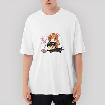 Sword Art Online Asuna and Kirito Oversize Beyaz Tişört
