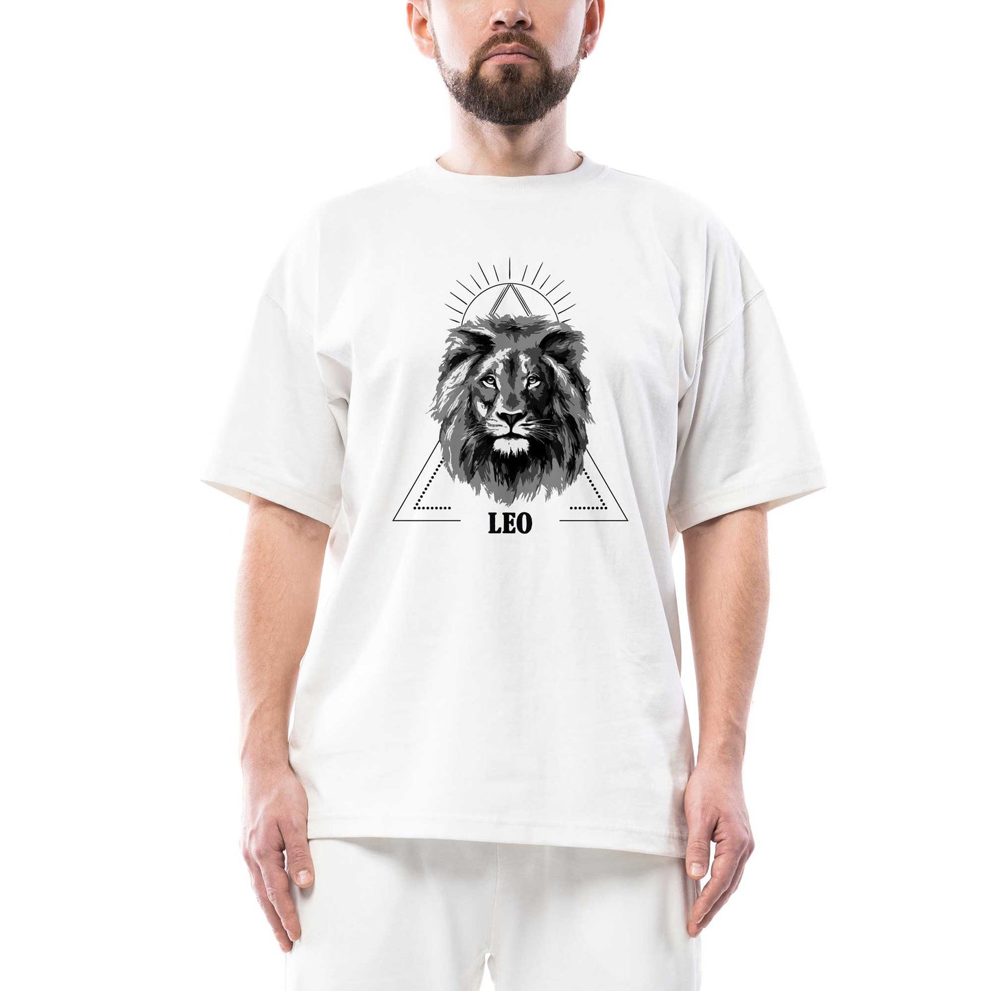 Aslan Burcu Geometrik Oversize Beyaz Tişört