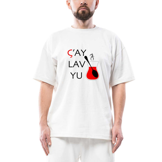 Çay Lav Yu Oversize Beyaz Tişört