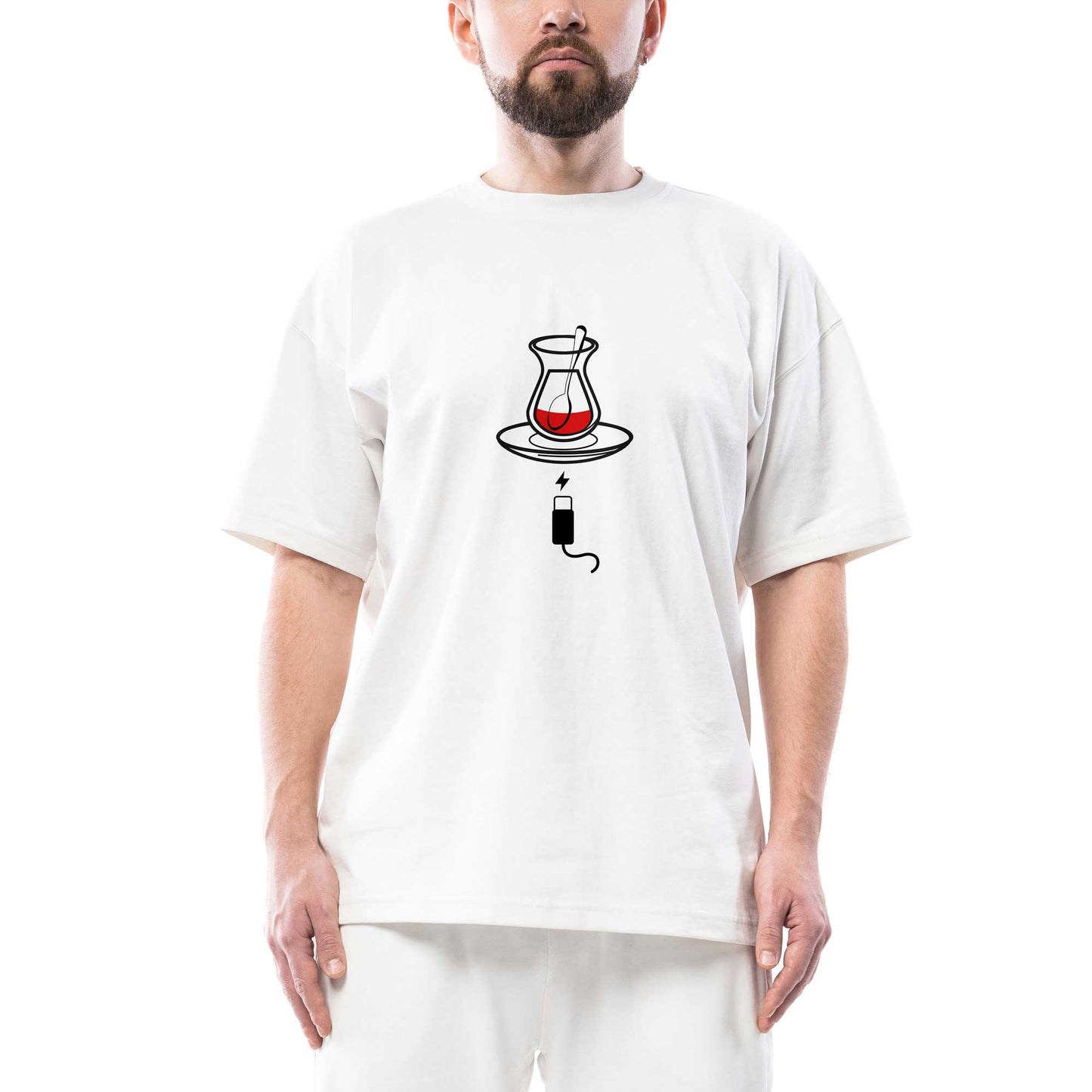 Çay ve Şarj Oversize Beyaz Tişört